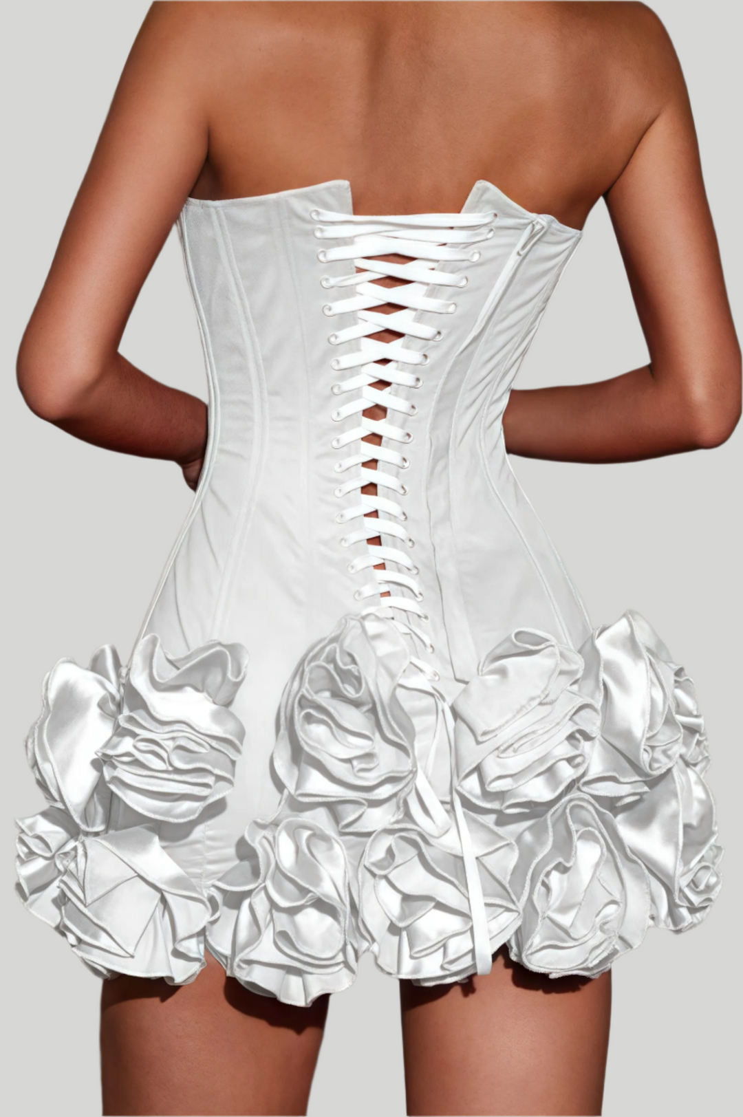 Isa – Strapless Mini Dress with Floral Hem