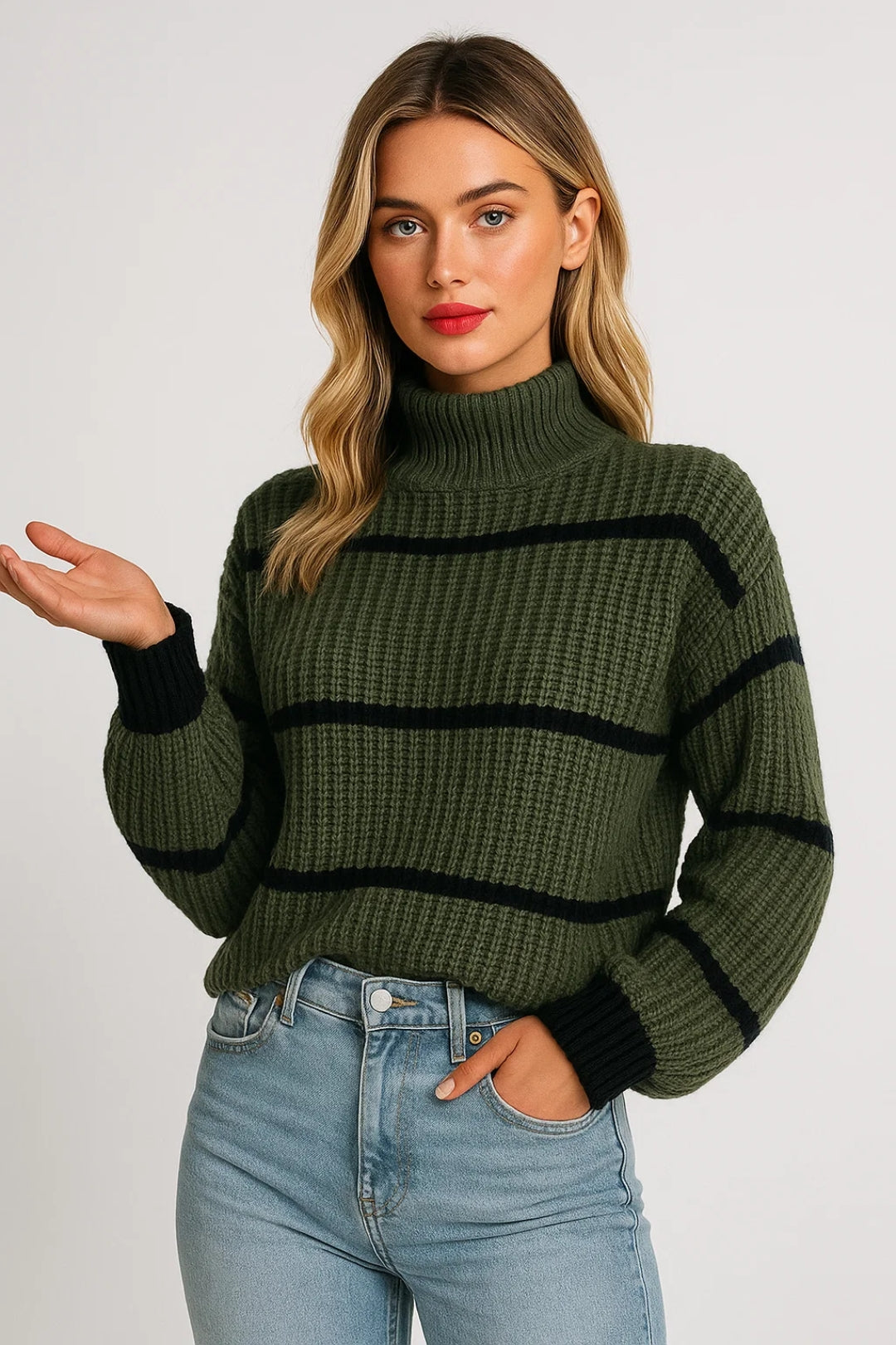 Devina - Ribbed Stripe Stand-Neck Sweater