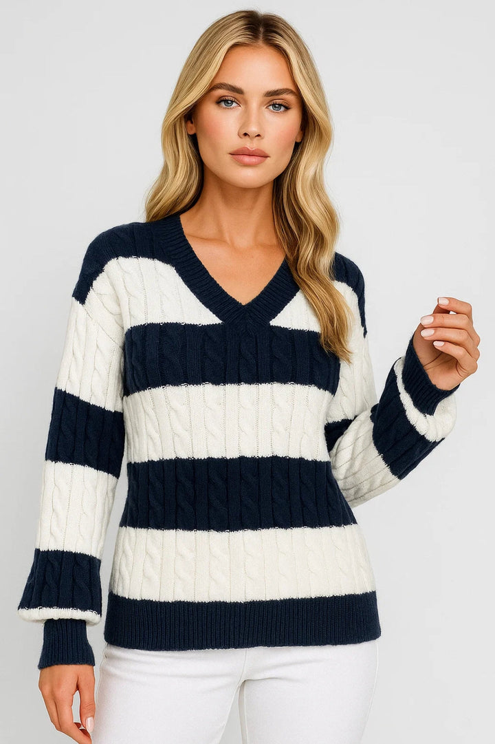 Mirelle - V-Neck Cable-Knit Striped Sweater