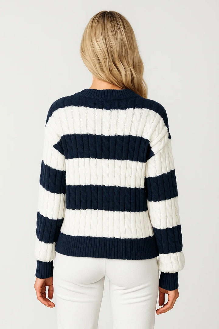 Mirelle - V-Neck Cable-Knit Striped Sweater