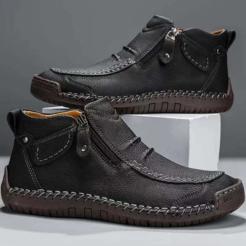 New Classic Handmade Leather Men'S Shoes with Zipper Design Outdoor Sneakers Casual Flat Shoes Men Work Shoes Ankle Boots