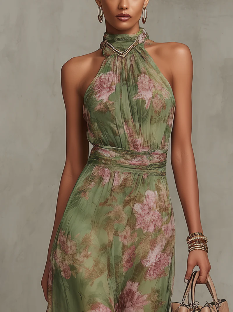 Livia | Elegantní florální maxi šaty s halter výstřihem