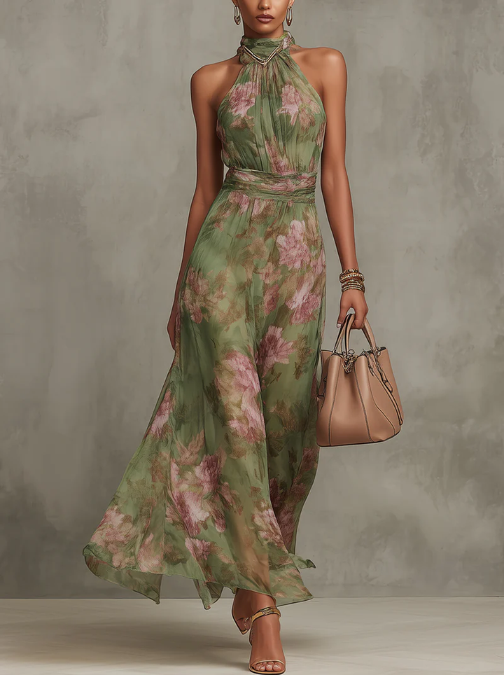 Livia | Elegantní florální maxi šaty s halter výstřihem