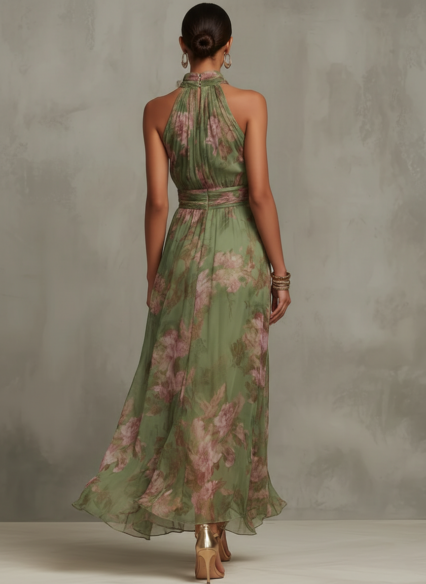 Livia | Elegantní florální maxi šaty s halter výstřihem