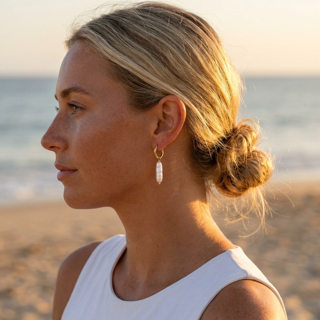 Biwa Pearl Drop Hoops