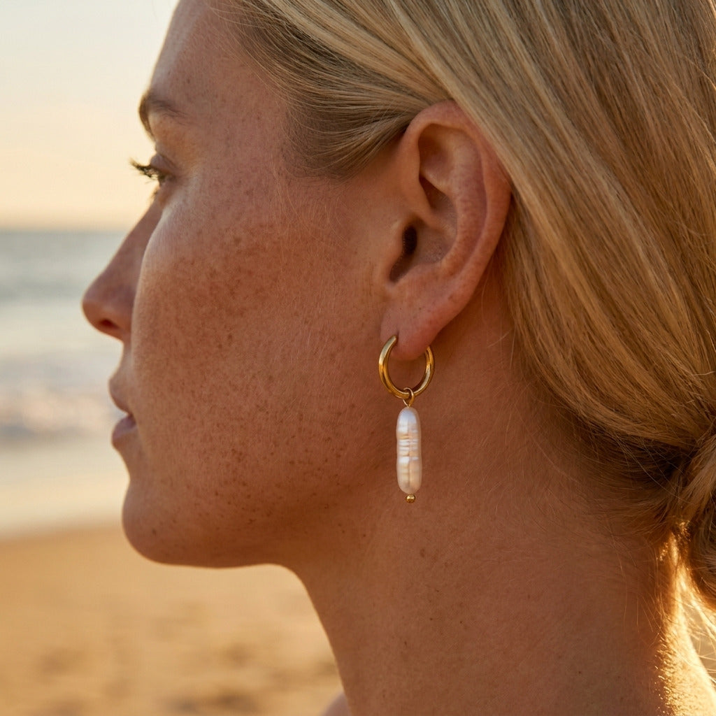 Biwa Pearl Drop Hoops