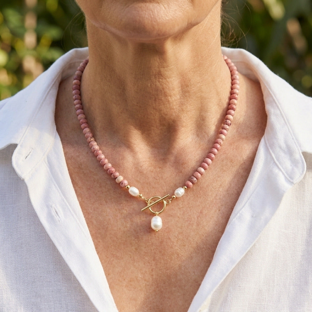 Rhodonite Bead Pearl Necklace