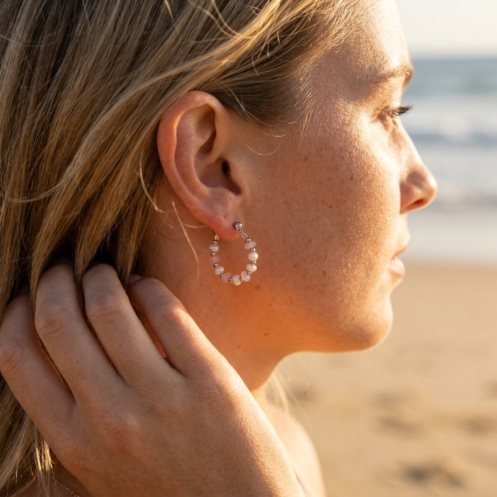 Pink Bead Pearl Hoops