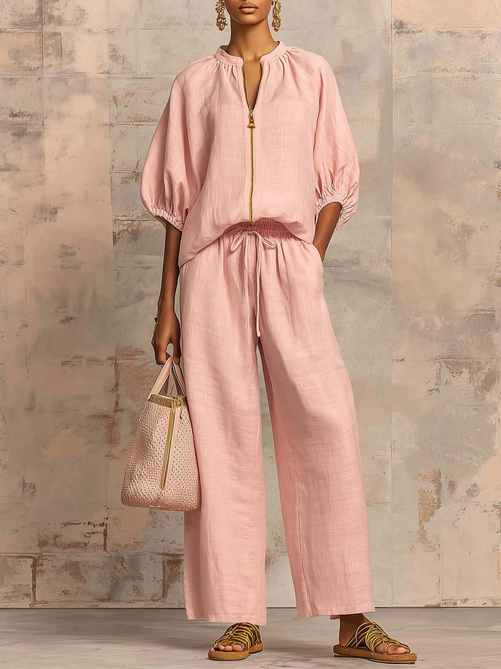 Hailey | Stylový pohodlný set s košilí a širokými kalhotami — lněná bavlna