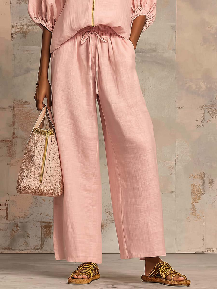 Hailey | Stylový pohodlný set s košilí a širokými kalhotami — lněná bavlna