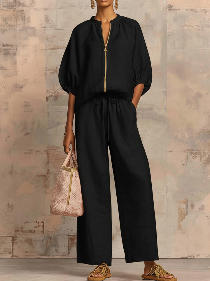 Hailey | Stylový pohodlný set s košilí a širokými kalhotami — lněná bavlna