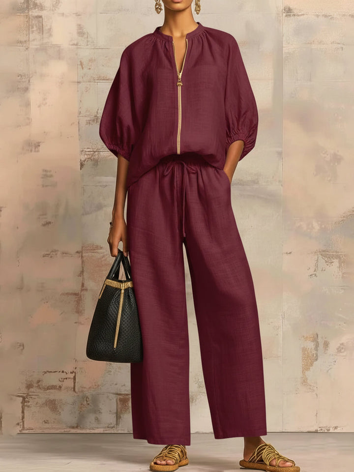 Hailey | Stylový pohodlný set s košilí a širokými kalhotami — lněná bavlna