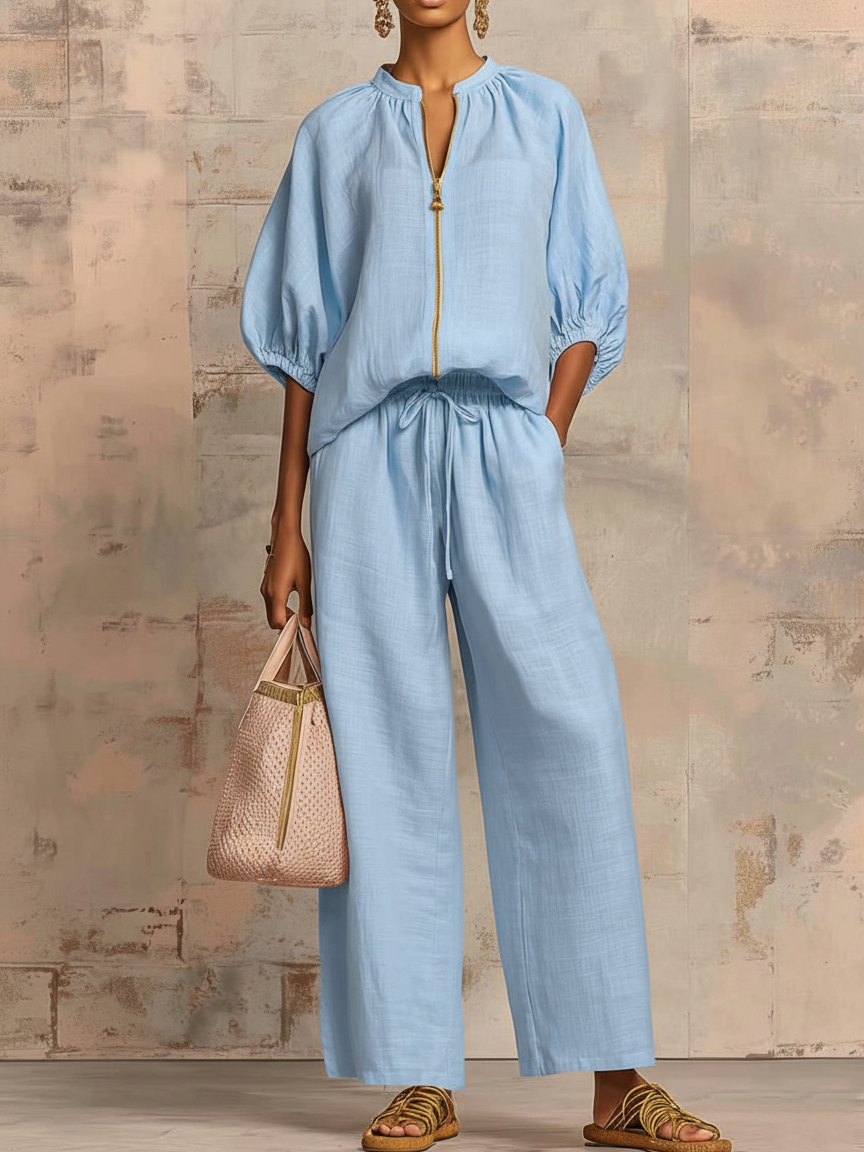 Hailey | Stylový pohodlný set s košilí a širokými kalhotami — lněná bavlna