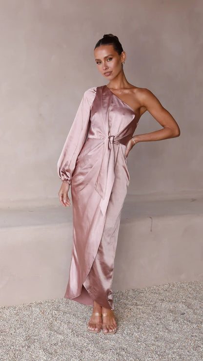Xyza One-Shoulder Satin Maxi Dress